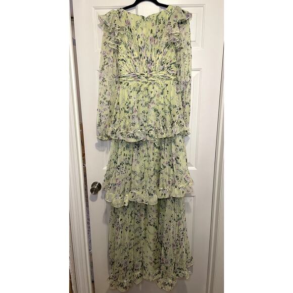 Mac Duggal Green Floral Chiffon Tiered Ruffle Puff Sleeve Gown Size 4 - Picture 6 of 10